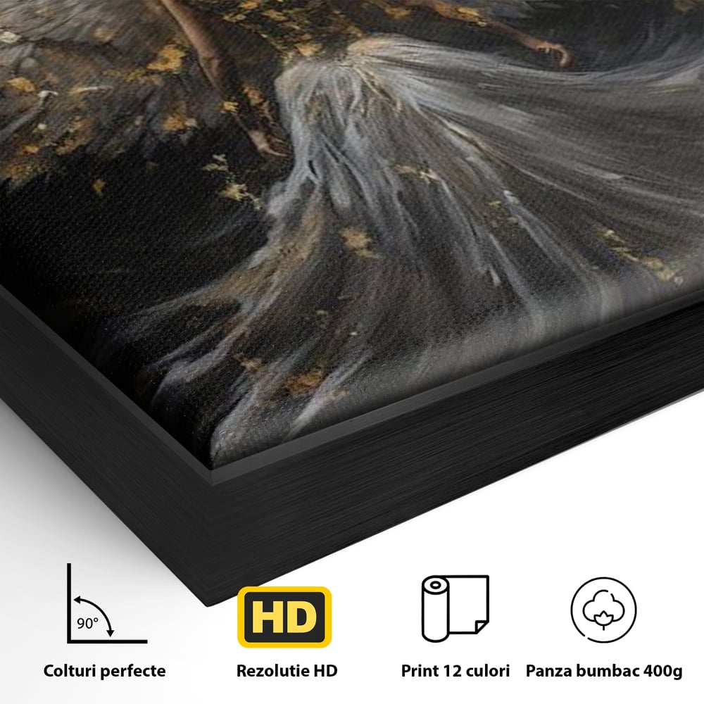 Detaliu al suprafetei: tablou canvas cu inger si aripi, in rama de aluminiu negru